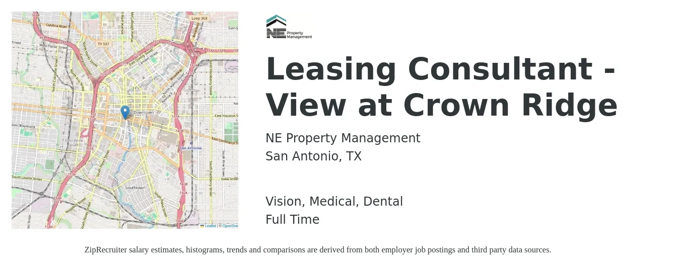 NE Property Management job posting for a Leasing Consultant - View at Crown Ridge in San Antonio, TX with a salary of $15 to $18 Hourly and benefits including retirement with a map of San Antonio location.