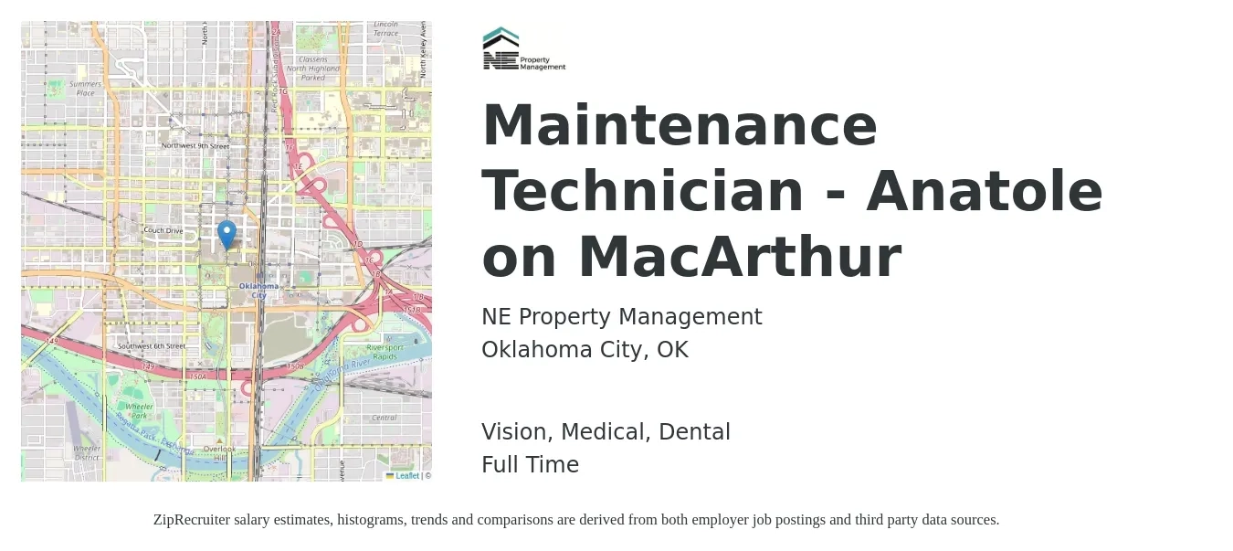 NE Property Management job posting for a Maintenance Technician - Anatole on MacArthur in Oklahoma City, OK with a salary of $18 to $25 Hourly and benefits including dental, life_insurance, medical, pto, retirement, and vision with a map of Oklahoma City location.
