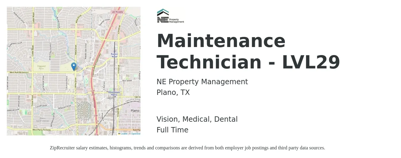NE Property Management job posting for a Maintenance Technician - LVL29 in Plano, TX with a salary of $18 to $26 Hourly and benefits including dental, life_insurance, medical, pto, retirement, and vision with a map of Plano location.