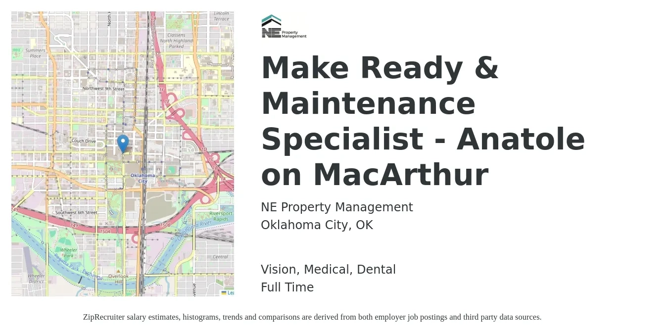 NE Property Management job posting for a Make Ready & Maintenance Specialist - Anatole on MacArthur in Oklahoma City, OK with a salary of $19 to $26 Hourly and benefits including dental, life_insurance, medical, pto, retirement, and vision with a map of Oklahoma City location.
