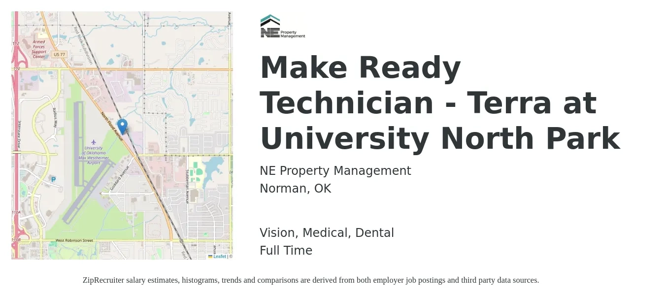 NE Property Management job posting for a Make Ready Technician - Terra at University North Park in Norman, OK and benefits including dental, life_insurance, medical, pto, retirement, and vision with a map of Norman location.