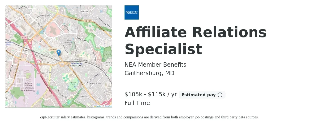 NEA Member Benefits job posting for a Affiliate Relations Specialist in Gaithersburg, MD with a salary of $105,000 to $115,000 Yearly with a map of Gaithersburg location.
