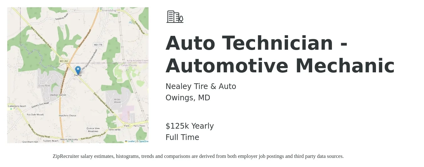 Nealey Tire & Auto job posting for a Auto Technician - Automotive Mechanic in Owings, MD with a salary of $125,000 Yearly with a map of Owings location.