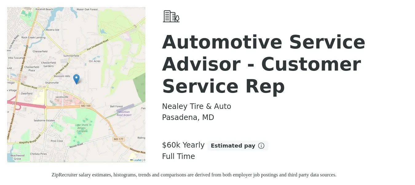 Nealey Tire & Auto job posting for a Automotive Service Advisor - Customer Service Rep in Pasadena, MD with a salary of $60,000 Yearly with a map of Pasadena location.