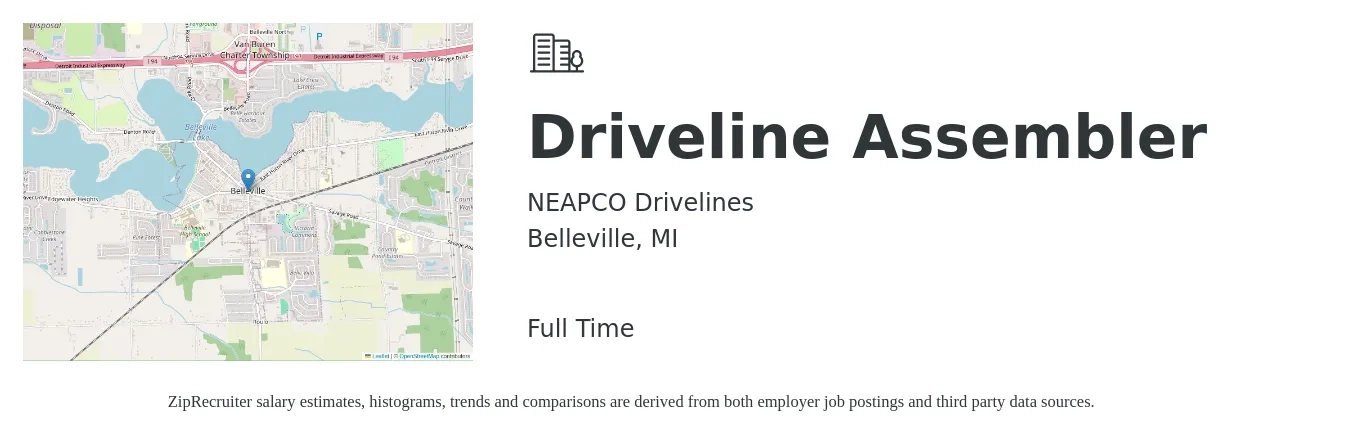 NEAPCO Drivelines job posting for a Driveline Assembler in Belleville, MI with a salary of $15 to $18 Hourly with a map of Belleville location.