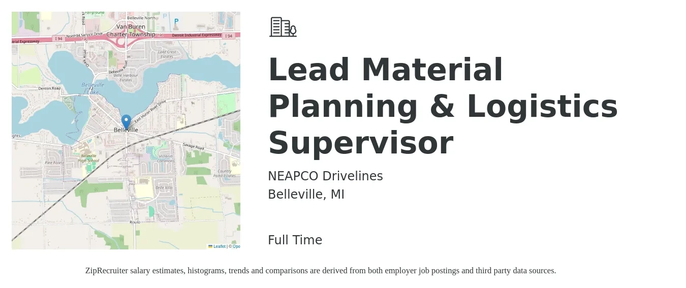 NEAPCO Drivelines job posting for a Lead Material Planning & Logistics Supervisor in Belleville, MI with a salary of $27 to $30 Hourly with a map of Belleville location.
