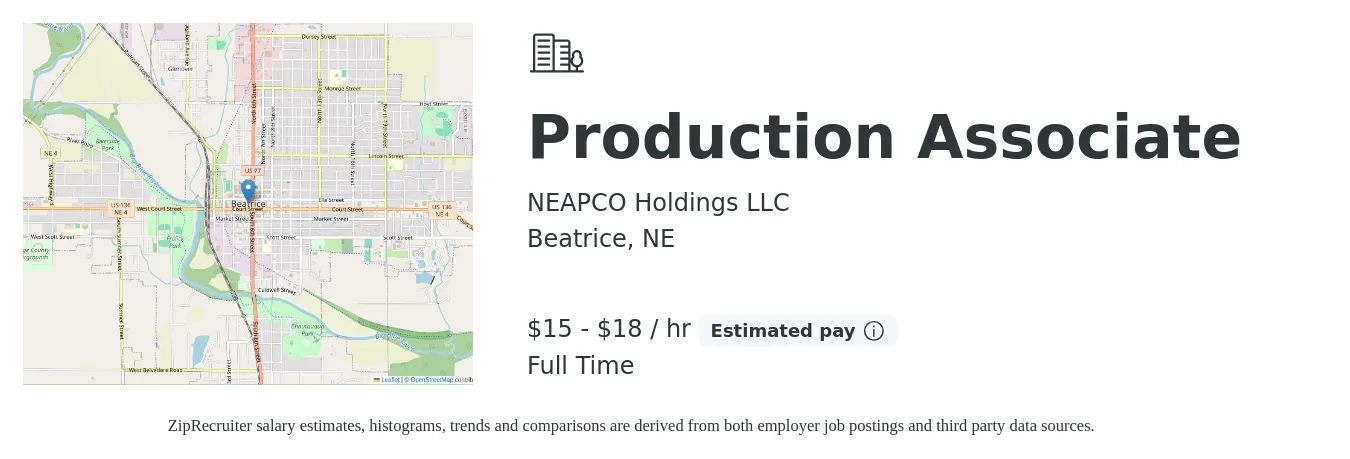 NEAPCO Holdings LLC job posting for a Production Associate in Beatrice, NE with a salary of $16 to $19 Hourly with a map of Beatrice location.