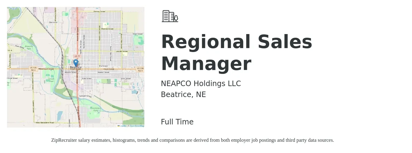 NEAPCO Holdings LLC job posting for a Regional Sales Manager in Beatrice, NE with a salary of $69,900 to $109,200 Yearly with a map of Beatrice location.
