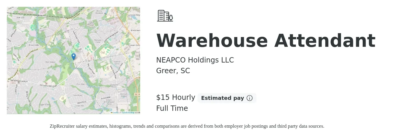 NEAPCO Holdings LLC job posting for a Warehouse Attendant in Greer, SC with a salary of $16 Hourly with a map of Greer location.