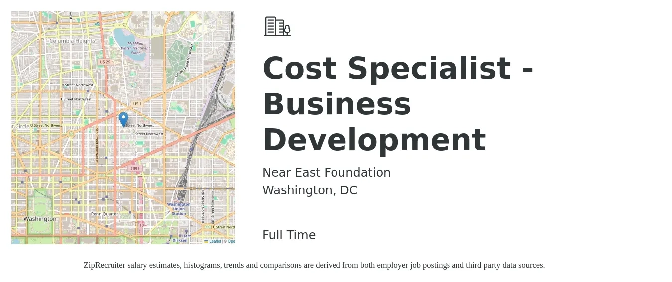 Near East Foundation job posting for a Cost Specialist - Business Development in Washington, DC with a salary of $26 to $54 Hourly with a map of Washington location.