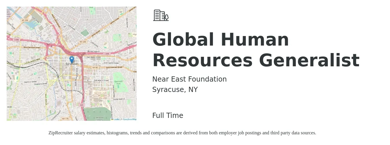Near East Foundation job posting for a Global Human Resources Generalist in Syracuse, NY with a salary of $58,500 to $62,000 Yearly with a map of Syracuse location.
