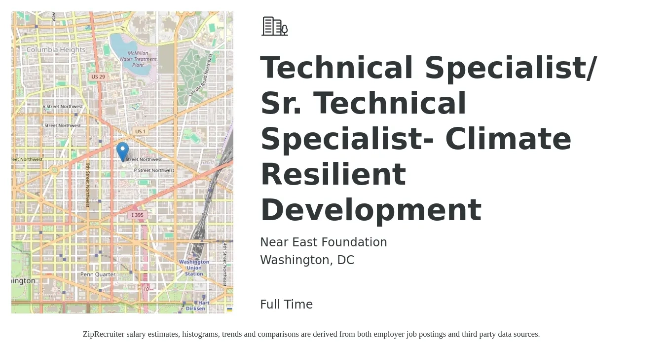 Near East Foundation job posting for a Technical Specialist/ Sr. Technical Specialist- Climate Resilient Development in Washington, DC with a salary of $70,000 to $111,200 Yearly with a map of Washington location.