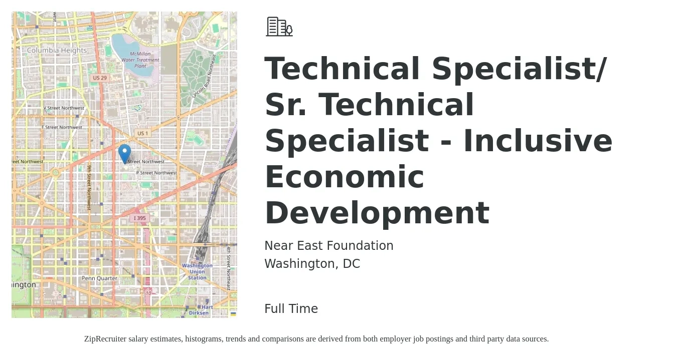 Near East Foundation job posting for a Technical Specialist/ Sr. Technical Specialist - Inclusive Economic Development in Washington, DC with a salary of $70,000 to $111,200 Yearly with a map of Washington location.