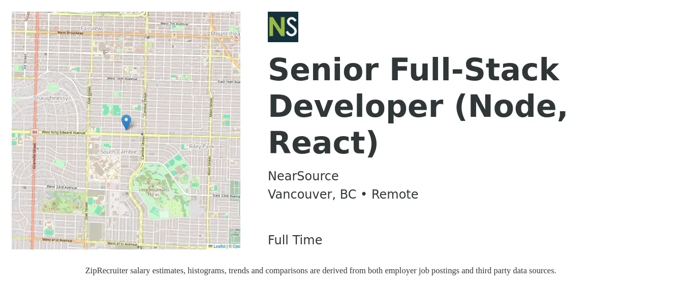 NearSource job posting for a Senior Full-Stack Developer (Node, React) in Vancouver, BC with a map of Vancouver location.