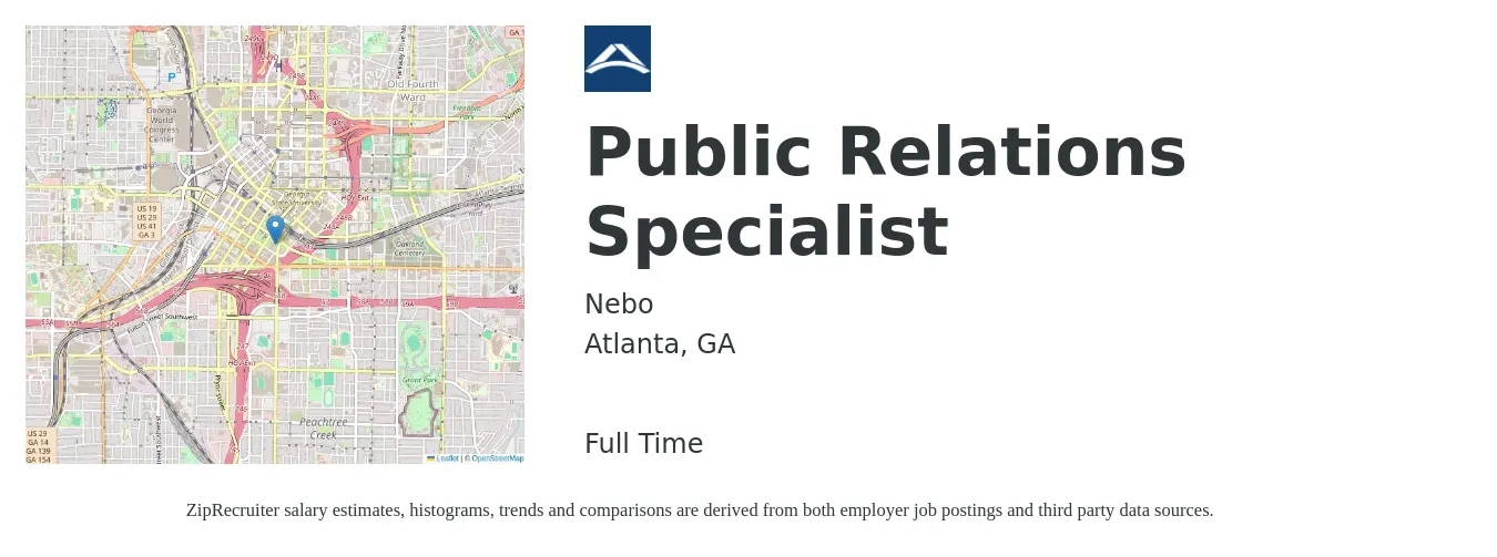 Nebo job posting for a Public Relations Specialist in Atlanta, GA with a salary of $50,000 to $71,200 Yearly with a map of Atlanta location.