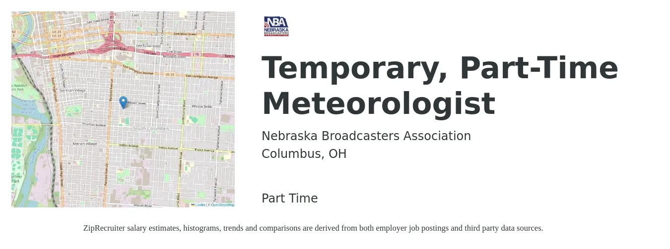 Nebraska Broadcasters Association job posting for a Temporary, Part-Time Meteorologist in Columbus, OH with a salary of $95,200 Yearly with a map of Columbus location.
