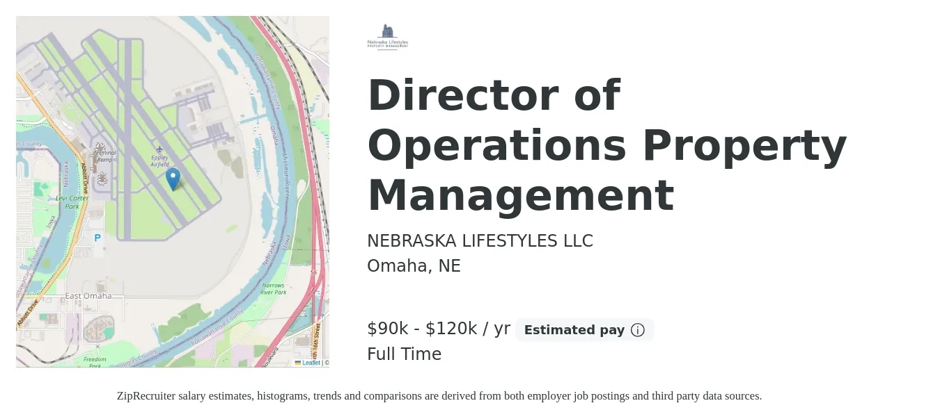 NEBRASKA LIFESTYLES LLC job posting for a Director of Operations Property Management in Omaha, NE with a salary of $90,000 to $120,000 Yearly with a map of Omaha location.