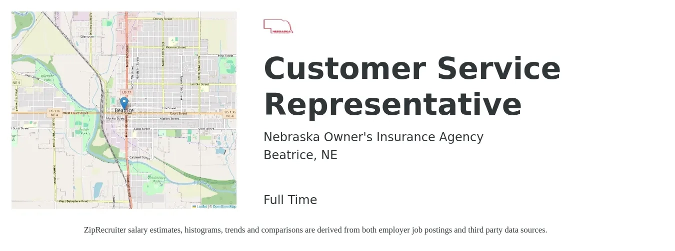 Nebraska Owner's Insurance Agency job posting for a Customer Service Representative in Beatrice, NE with a salary of $16 to $21 Hourly with a map of Beatrice location.