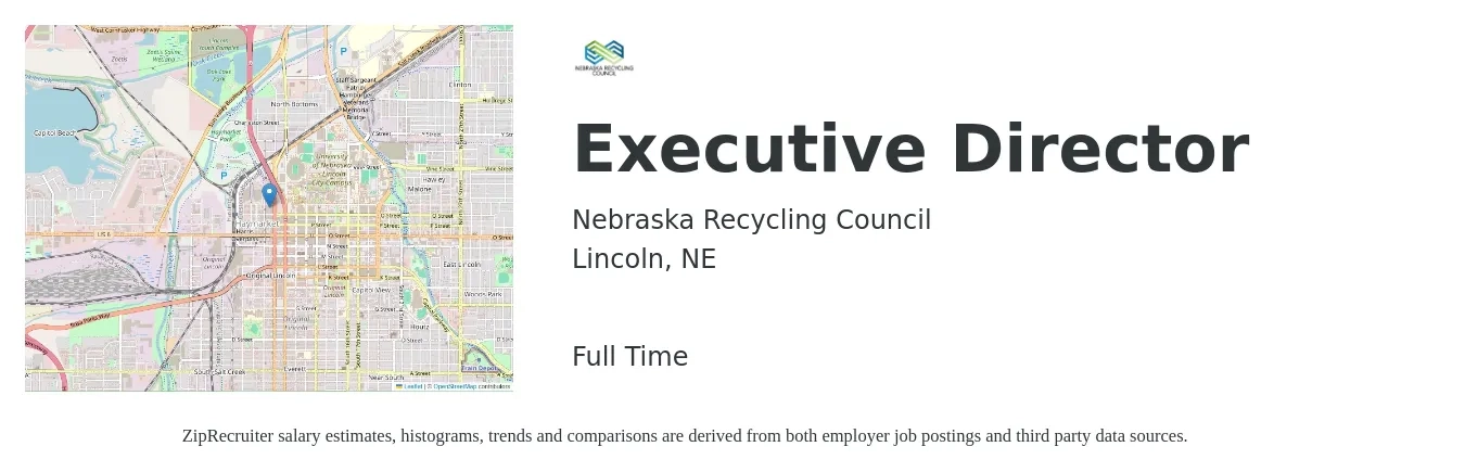 Nebraska Recycling Council job posting for a Executive Director in Lincoln, NE with a salary of $58,800 to $108,800 Yearly with a map of Lincoln location.