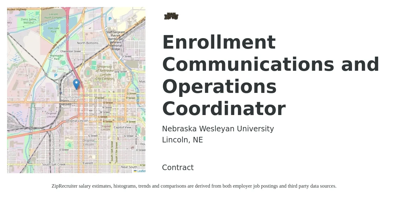 Nebraska Wesleyan University job posting for a Enrollment Communications and Operations Coordinator in Lincoln, NE with a salary of $17 to $23 Hourly with a map of Lincoln location.