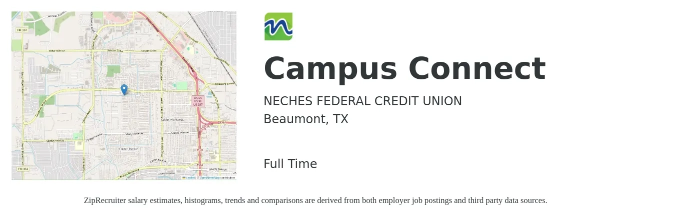 NECHES FEDERAL CREDIT UNION job posting for a Campus Connect in Beaumont, TX with a salary of $15 to $21 Hourly with a map of Beaumont location.