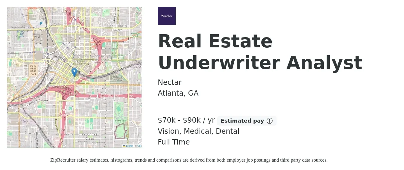Nectar job posting for a Real Estate Underwriter Analyst in Atlanta, GA with a salary of $70,000 to $90,000 Yearly and benefits including pto, vision, dental, and medical with a map of Atlanta location.
