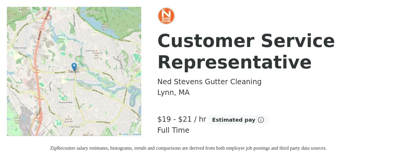 Ned Stevens Gutter Cleaning job posting for a Customer Service Representative in Lynn, MA with a salary of $20 to $22 Hourly with a map of Lynn location.