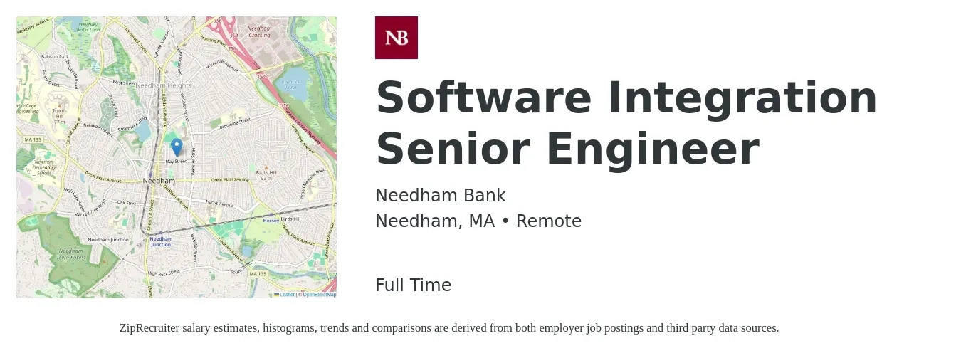 Needham Bank job posting for a Software Integration Senior Engineer in Needham, MA with a salary of $113,300 to $152,500 Yearly with a map of Needham location.