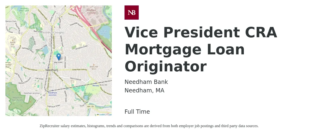 Needham Bank job posting for a Vice President CRA Mortgage Loan Originator in Needham, MA with a salary of $2,000 to $5,860 Monthly with a map of Needham location.