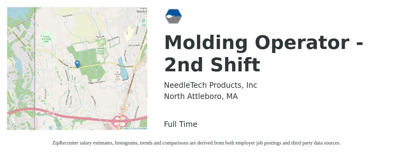 NeedleTech Products, Inc job posting for a Molding Operator - 2nd Shift in North Attleboro, MA with a salary of $16 to $19 Hourly with a map of North Attleboro location.