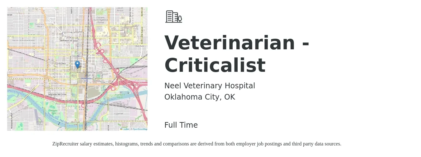 Neel Veterinary Hospital job posting for a Veterinarian - Criticalist in Oklahoma City, OK with a salary of $104,000 to $202,500 Yearly with a map of Oklahoma City location.