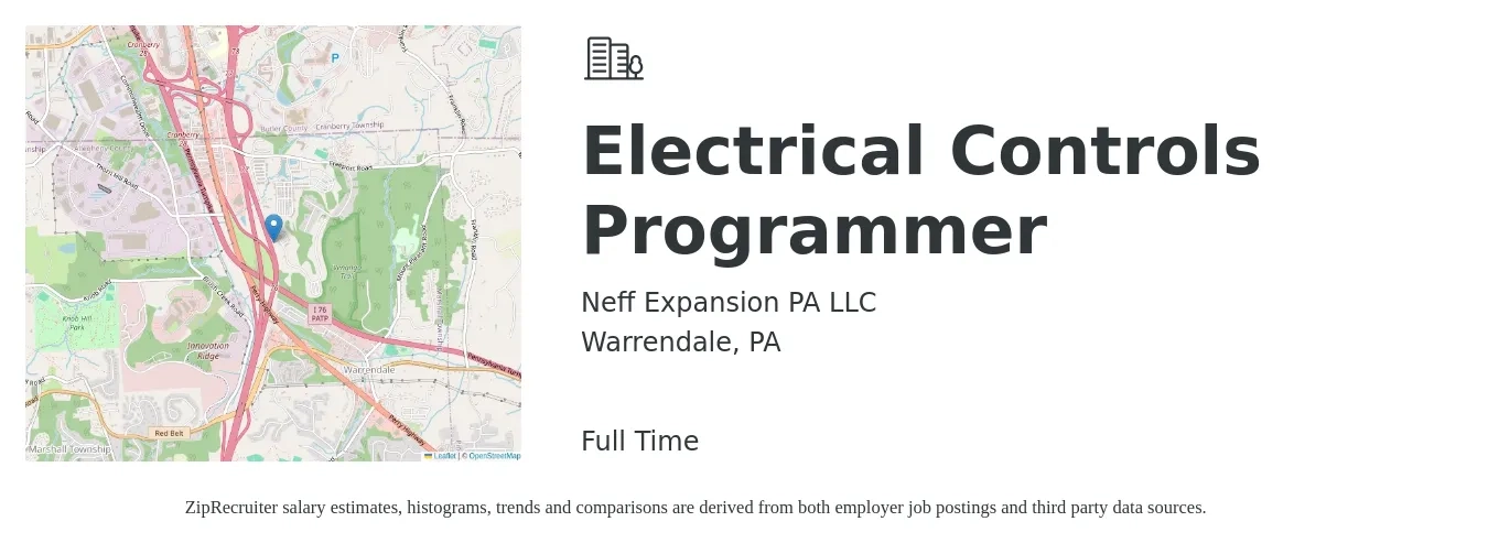 Neff Expansion PA LLC job posting for a Electrical Controls Programmer in Warrendale, PA with a salary of $66,400 to $90,400 Yearly with a map of Warrendale location.