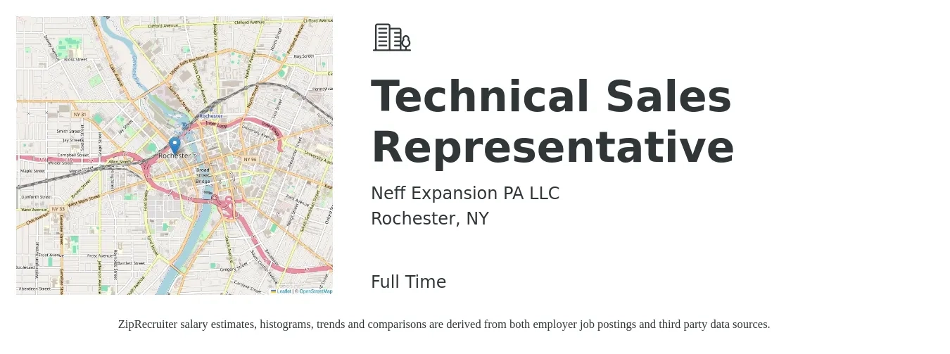 Neff Expansion PA LLC job posting for a Technical Sales Representative in Rochester, NY with a salary of $62,200 to $89,300 Yearly with a map of Rochester location.