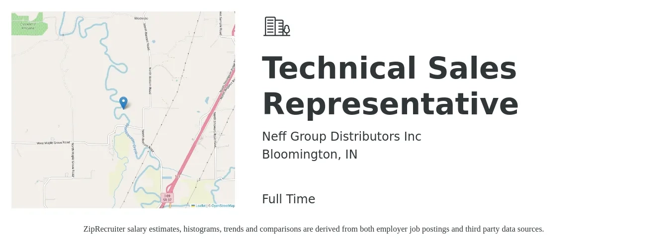 Neff Group Distributors Inc job posting for a Technical Sales Representative in Bloomington, IN with a salary of $58,300 to $83,700 Yearly with a map of Bloomington location.