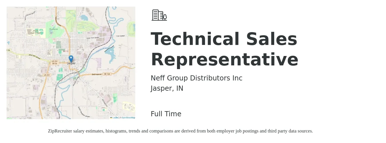 Neff Group Distributors Inc job posting for a Technical Sales Representative in Jasper, IN with a salary of $56,200 to $80,800 Yearly with a map of Jasper location.
