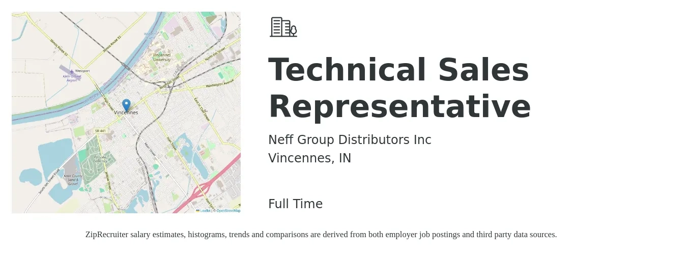 Neff Group Distributors Inc job posting for a Technical Sales Representative in Vincennes, IN with a salary of $54,300 to $78,000 Yearly with a map of Vincennes location.