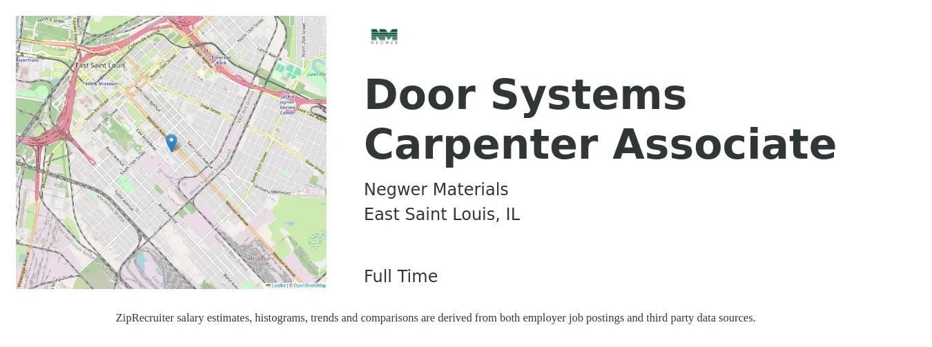 Negwer Materials job posting for a Door Systems Carpenter Associate in East Saint Louis, IL with a salary of $20 to $28 Hourly with a map of East Saint Louis location.
