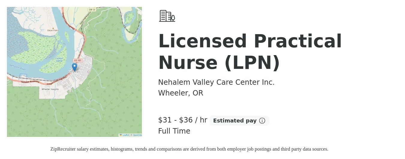 Nehalem Valley Care Center Inc. job posting for a Licensed Practical Nurse (LPN) in Wheeler, OR with a salary of $33 to $38 Hourly with a map of Wheeler location.
