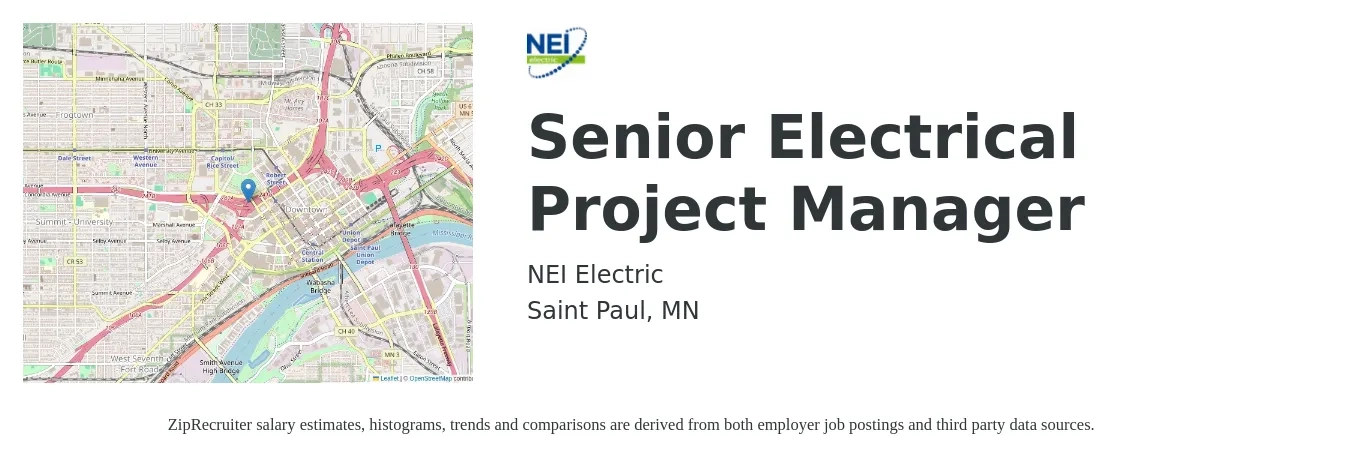 NEI Electric job posting for a Senior Electrical Project Manager in Saint Paul, MN with a salary of $99,100 to $152,200 Yearly with a map of Saint Paul location.