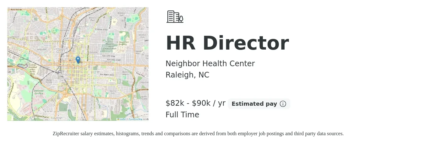 Neighbor Health Center job posting for a HR Director in Raleigh, NC with a salary of $82,000 to $90,000 Yearly with a map of Raleigh location.