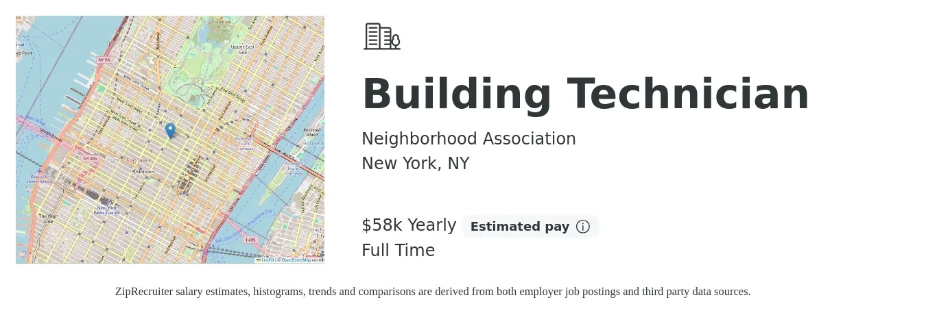 Neighborhood Association job posting for a Building Technician in New York, NY with a salary of $58,500 Yearly with a map of New York location.