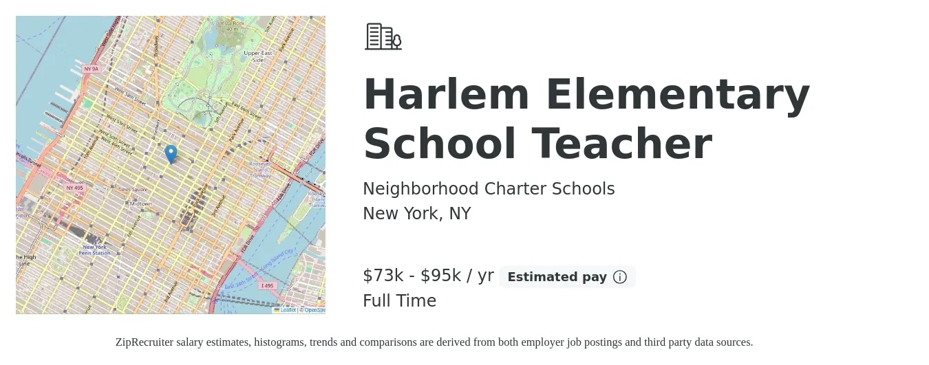 Neighborhood Charter Schools job posting for a Harlem Elementary School Teacher in New York, NY with a salary of $73,500 to $95,000 Yearly with a map of New York location.