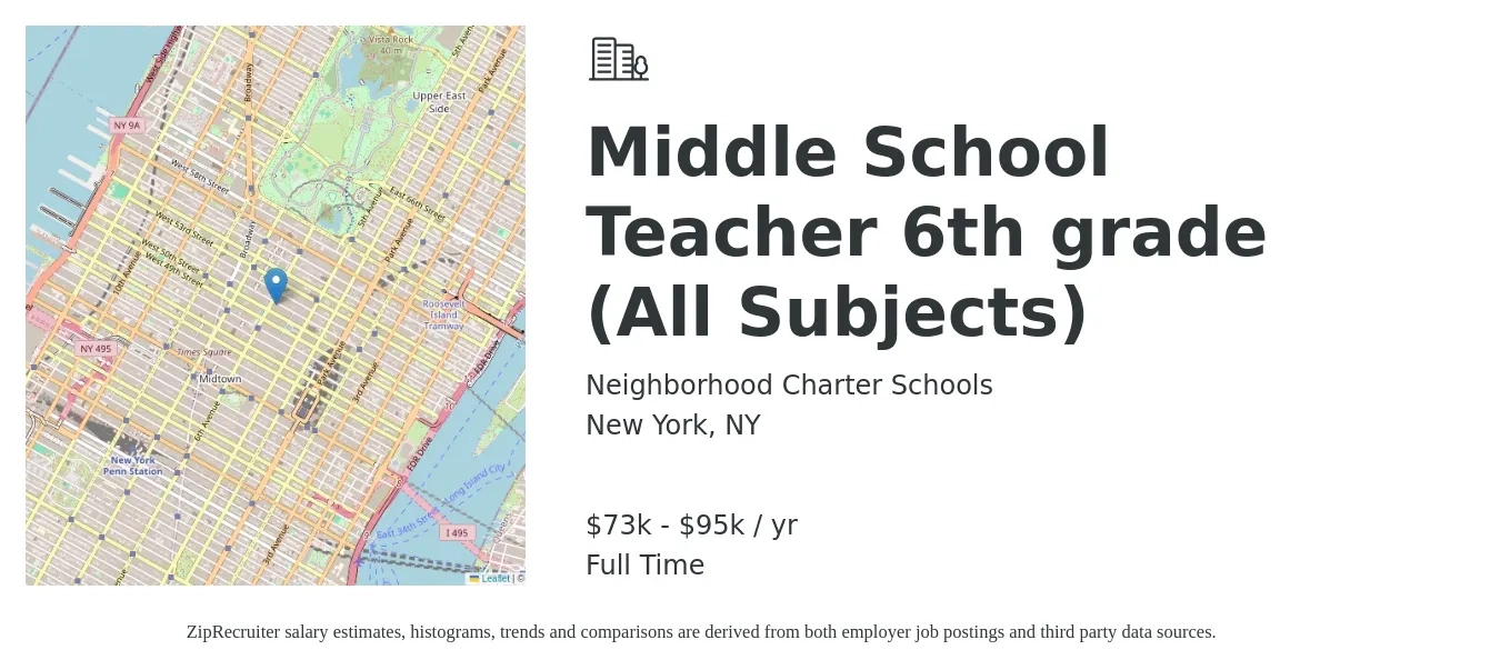 Neighborhood Charter Schools job posting for a Middle School Teacher 6th grade (All Subjects) in New York, NY with a salary of $73,500 to $95,000 Yearly with a map of New York location.
