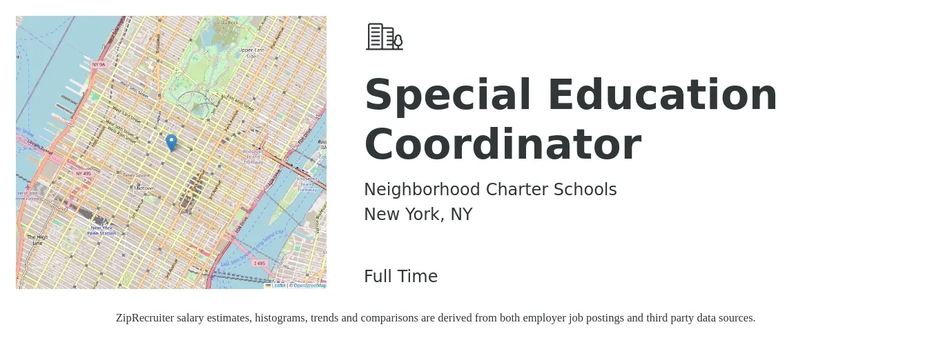 Neighborhood Charter Schools job posting for a Special Education Coordinator in New York, NY with a salary of $54,400 to $91,400 Yearly with a map of New York location.