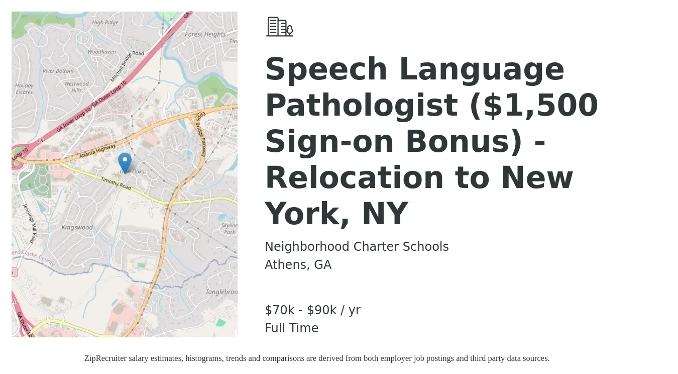 Neighborhood Charter Schools job posting for a Speech Language Pathologist ($1,500 Sign-on Bonus) - Relocation to New York, NY in Athens, GA with a salary of $70,000 to $90,000 Yearly with a map of Athens location.