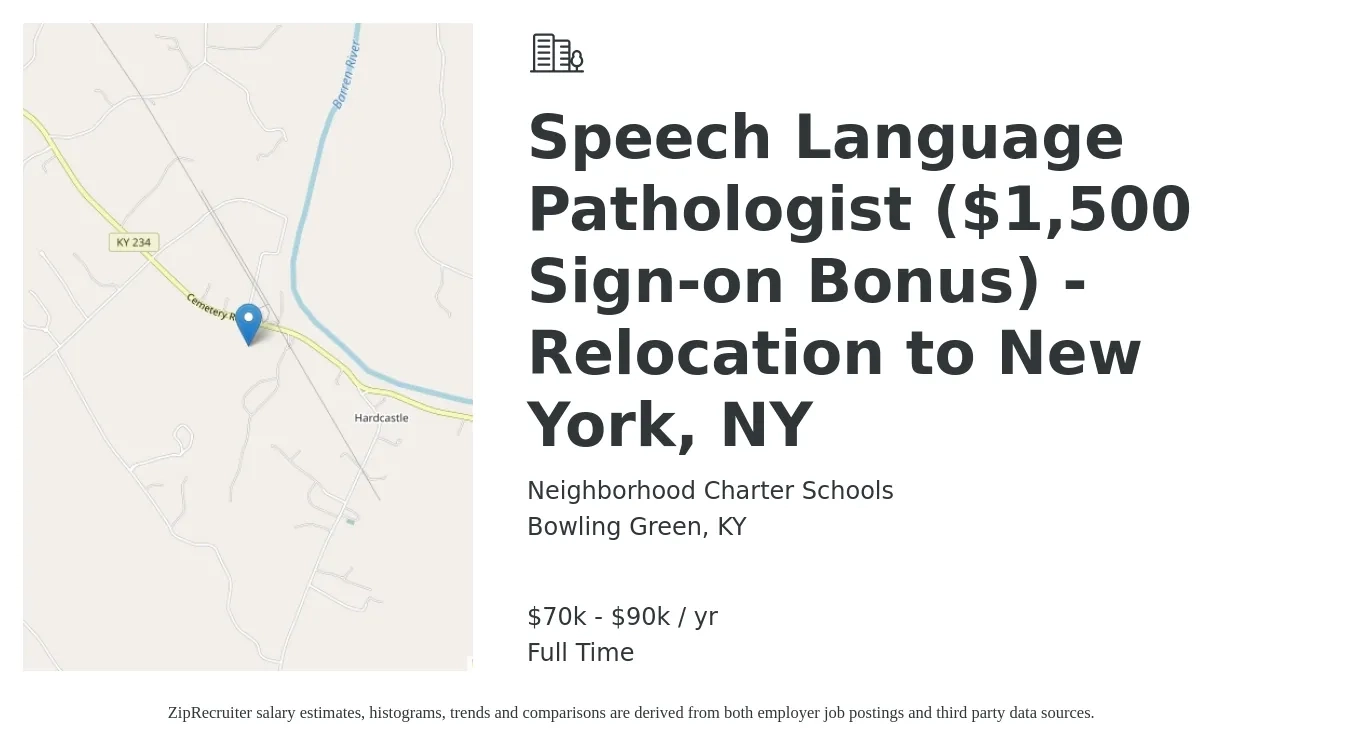 Neighborhood Charter Schools job posting for a Speech Language Pathologist ($1,500 Sign-on Bonus) - Relocation to New York, NY in Bowling Green, KY with a salary of $70,000 to $90,000 Yearly with a map of Bowling Green location.