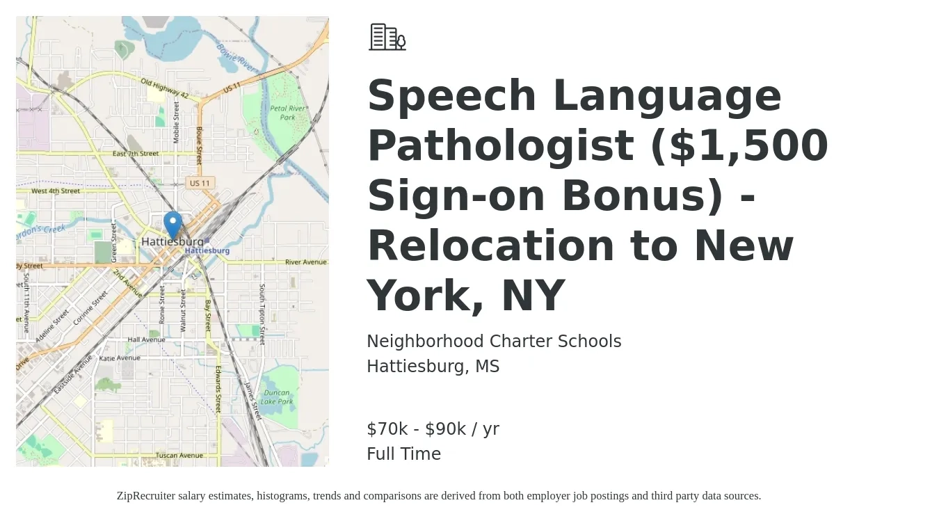 Neighborhood Charter Schools job posting for a Speech Language Pathologist ($1,500 Sign-on Bonus) - Relocation to New York, NY in Hattiesburg, MS with a salary of $70,000 to $90,000 Yearly with a map of Hattiesburg location.