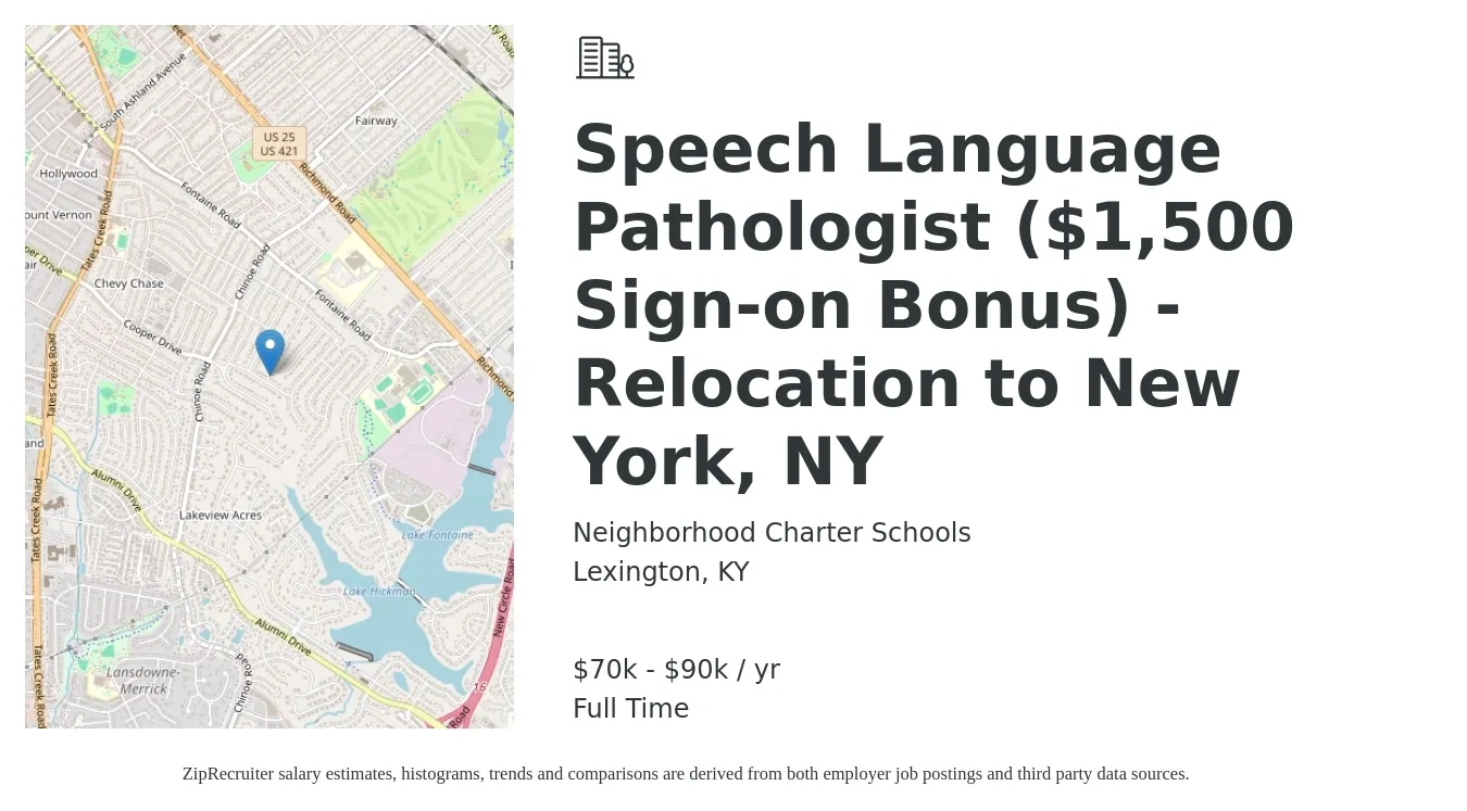 Neighborhood Charter Schools job posting for a Speech Language Pathologist ($1,500 Sign-on Bonus) - Relocation to New York, NY in Lexington, KY with a salary of $70,000 to $90,000 Yearly with a map of Lexington location.