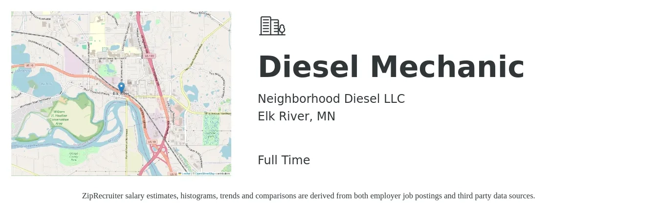 Neighborhood Diesel LLC job posting for a Diesel Mechanic in Elk River, MN with a salary of $26 to $35 Hourly with a map of Elk River location.