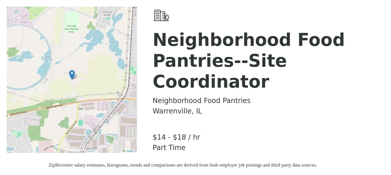 Neighborhood Food Pantries job posting for a Neighborhood Food Pantries--Site Coordinator in Warrenville, IL with a salary of $15 to $19 Hourly and benefits including pto with a map of Warrenville location.